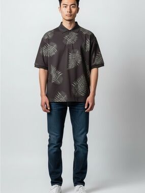 Men’s Diamond Headwear Black Polo Top With Gray Leaf Print size XL